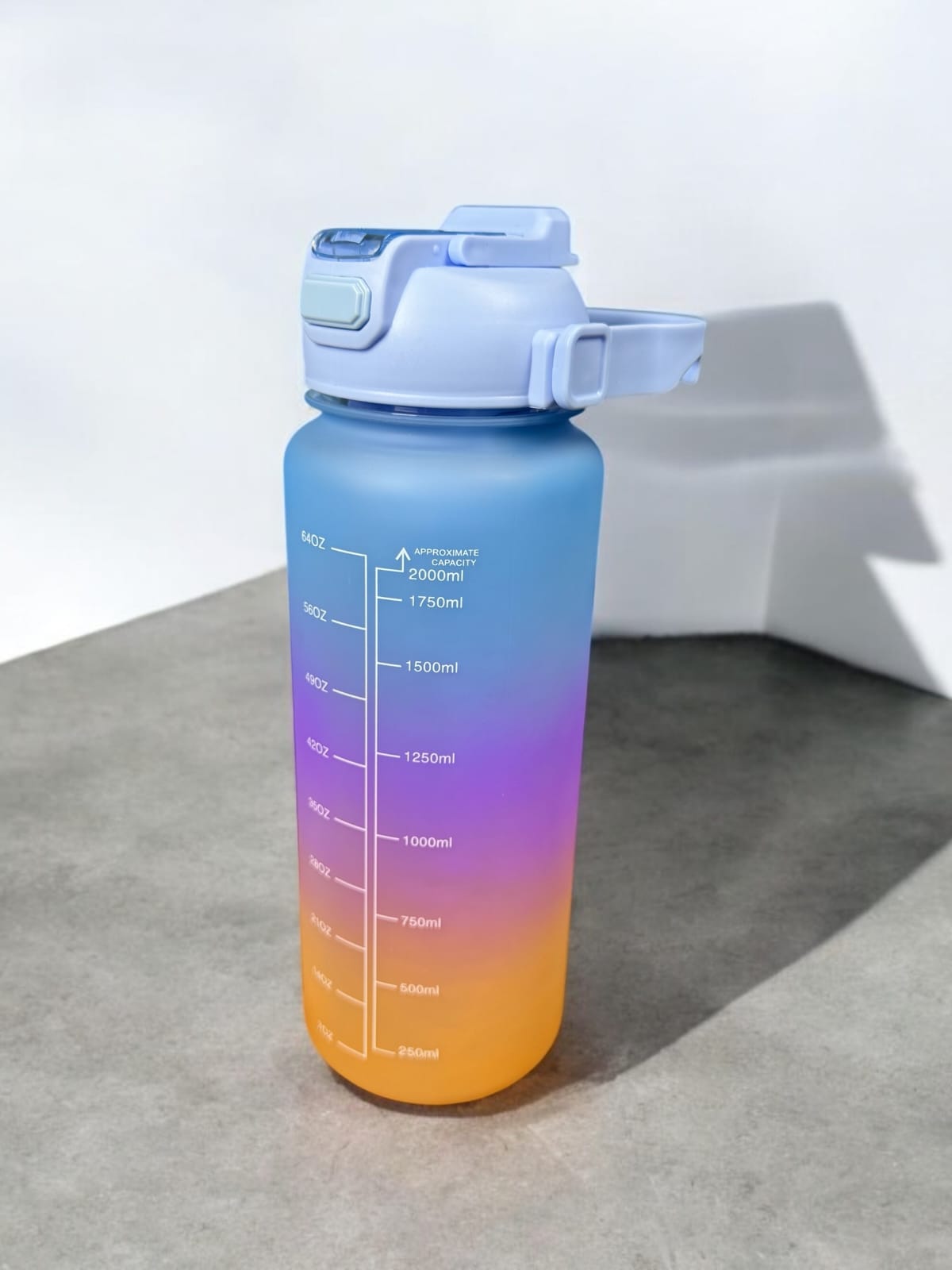 Motivational water bottle set 3 * 1 Large bottle 2 liter with handle, 1 liter bottle with strap, Half liter bottle with stainless lid, Equipped with 2 straws - Sticker Pack