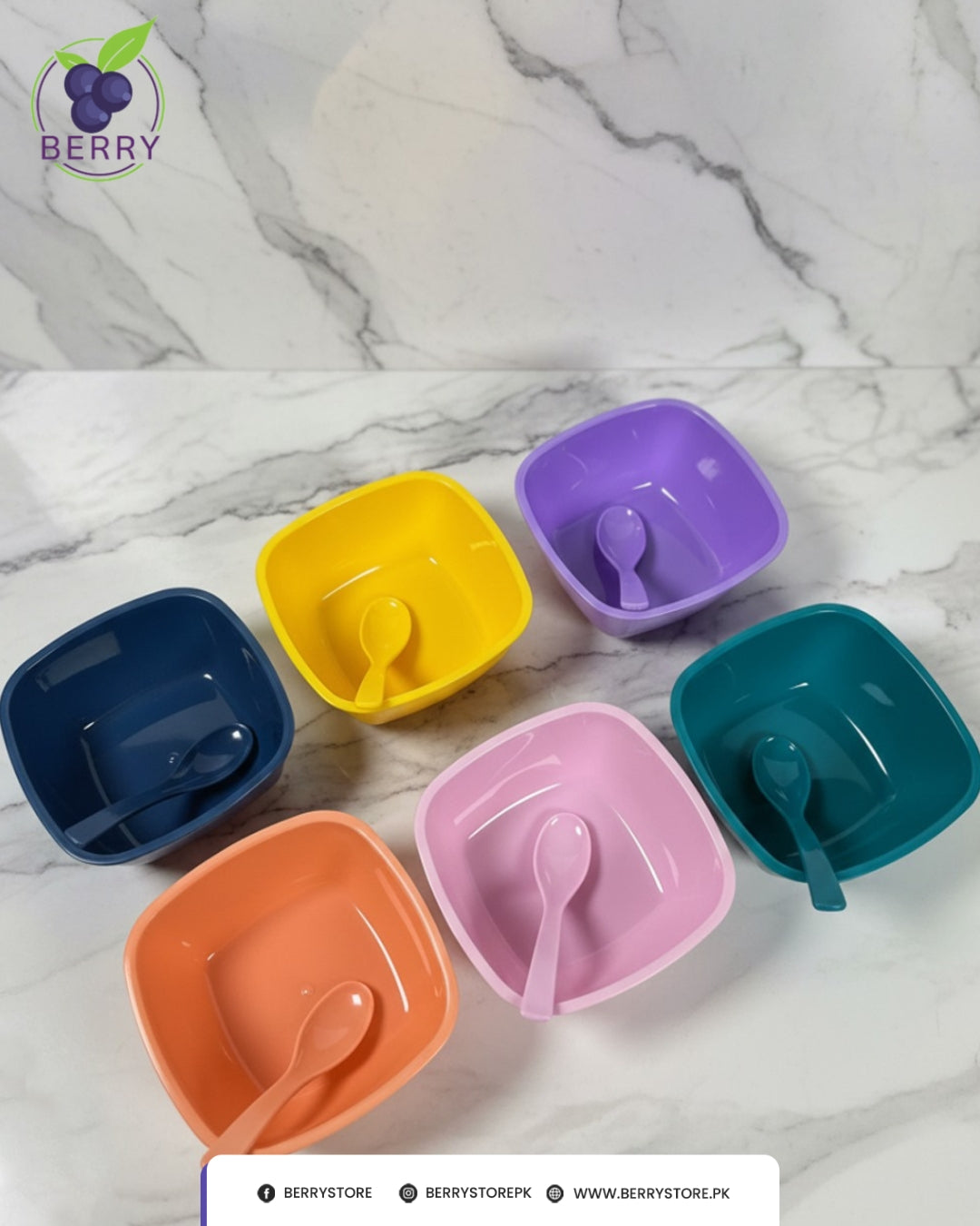 Snacko Square Bowl – Pack of 3 with 3 Matching Spoons (700ml Capacity)
