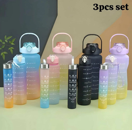 Motivational water bottle set 3 * 1 Large bottle 2 liter with handle, 1 liter bottle with strap, Half liter bottle with stainless lid, Equipped with 2 straws - Sticker Pack