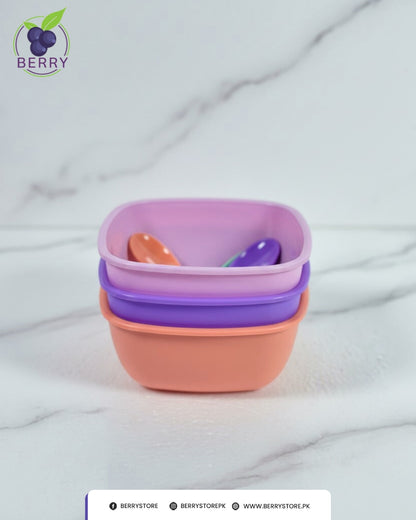 Snacko Square Bowl – Pack of 3 with 3 Matching Spoons (700ml Capacity)