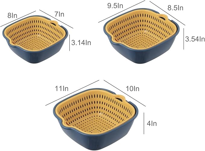 8PCS Strainers for Kitchen 8 Piece Kitchen Washbas Double-Layer Basket Vegetable & Fruit Multi-functional Plastic Washing Basket Blue Small Berry Colander
