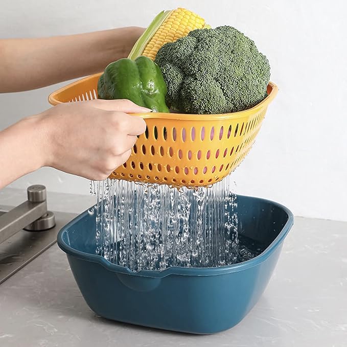 8PCS Strainers for Kitchen 8 Piece Kitchen Washbas Double-Layer Basket Vegetable & Fruit Multi-functional Plastic Washing Basket Blue Small Berry Colander