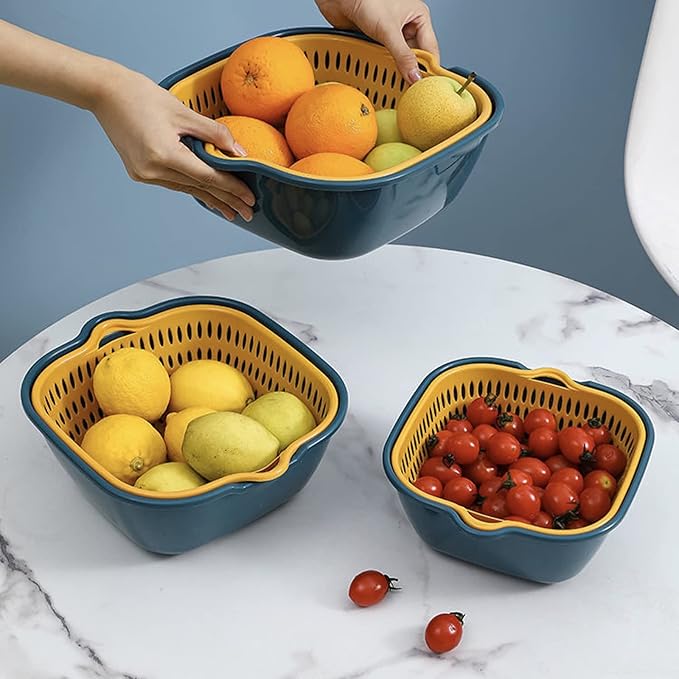8PCS Strainers for Kitchen 8 Piece Kitchen Washbas Double-Layer Basket Vegetable & Fruit Multi-functional Plastic Washing Basket Blue Small Berry Colander