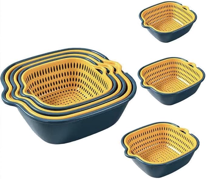 8PCS Strainers for Kitchen 8 Piece Kitchen Washbas Double-Layer Basket Vegetable & Fruit Multi-functional Plastic Washing Basket Blue Small Berry Colander