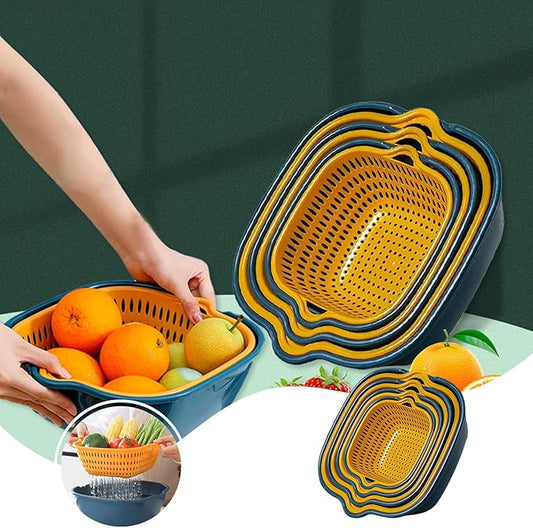 8PCS Strainers for Kitchen 8 Piece Kitchen Washbas Double-Layer Basket Vegetable & Fruit Multi-functional Plastic Washing Basket Blue Small Berry Colander