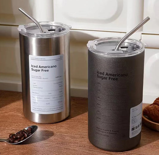 600ml Coffee Cup Stainless Steel Thermal Water Bottle with Straw Ice American Coffee Mug Double-layer Vacuum Flask Cup