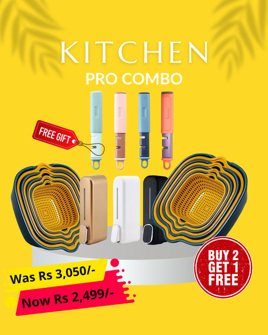 Kitchen Pro Combo – Buy 8 Pcs Strainer Basket Set & Liquid Dispenser GET 3in1 PEELER + KNIFE SHARPENER FREE!