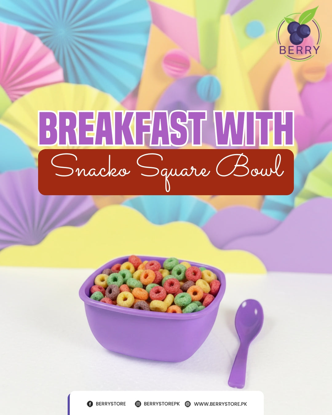 Snacko Square Bowl – Pack of 3 with 3 Matching Spoons (700ml Capacity)
