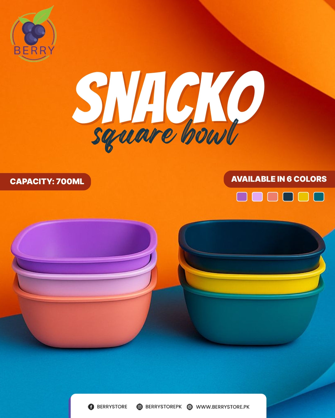 Snacko Square Bowl – Pack of 3 with 3 Matching Spoons (700ml Capacity)